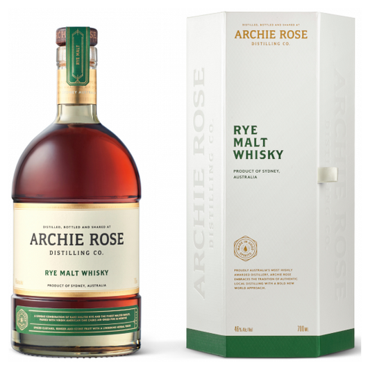 Australian whisky bottle labeled Archie Rose Rye Malt by Paramount, 700ml size, with a sleek dark label and gold accents.