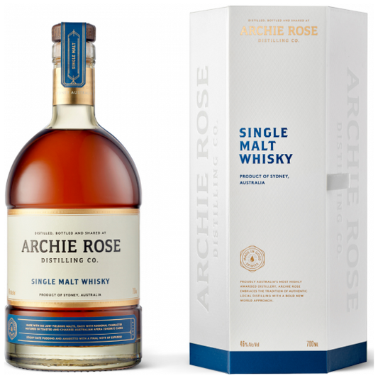Paramount Archie Rose Single Malt Whisky 700ml bottle, clear glass with amber-colored whisky inside, label details visible.