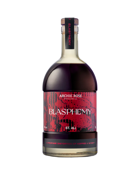 Paramount Archie Rose X St. Ali Blasphemy Coffee Whisky 700ml bottle with label and dark glass, showcasing a unique coffee-infused whisky.