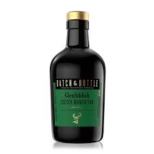 Paramount Batch & Bottle Glenfiddich Scotch Manhattan whiskey bottle, 500ml, with label and dark glass bottle.