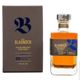 Bladnoch Talia 25 Year Old single malt Scotch whisky by Paramount, 700ml bottle with dark amber liquid in a glass.