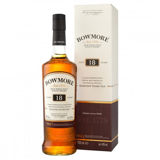 Bowmore 18 Year Old Islay Single Malt Whisky by Paramount, featuring a 700ml bottle with rich amber color and detailed label.