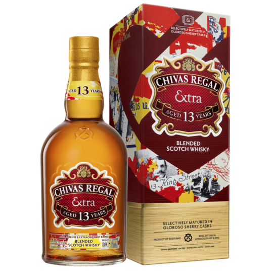 Paramount Chivas Regal Extra Blended Scotch Whisky 700mL bottle with gold and green label and elegant glass decanter