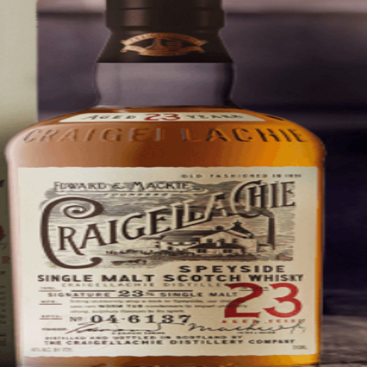 Craigellachie 23 Year Old single malt Scotch whisky bottle from Paramount, showcasing the amber liquid and label details.