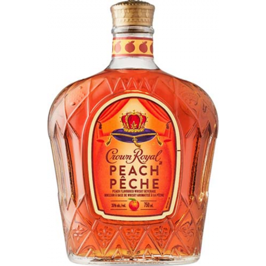 Crown Royal Peach Whisky Liqueur 750mL bottle by Paramount, featuring a clear glass bottle with a peach-colored label and gold accents.