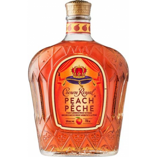 Crown Royal Peach Whisky Liqueur 750mL bottle by Paramount, featuring a clear glass bottle with a peach-colored label and gold accents.