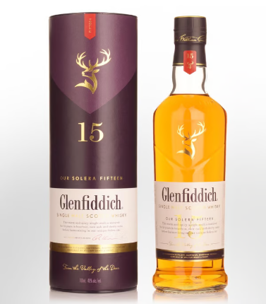 Glenfiddich 15 Year Old Solera whisky bottle by Paramount, 700ml with amber liquid and label details.