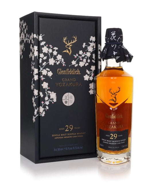 Glenfiddich 29 Year Old Grand Yozakura whisky bottle by Paramount, 700ml with elegant label and golden liquid inside