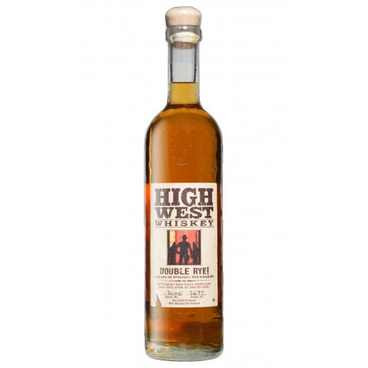 Paramount High West Double Rye Whiskey 700ml bottle with label and glass, showcasing rich amber color and detailed packaging.