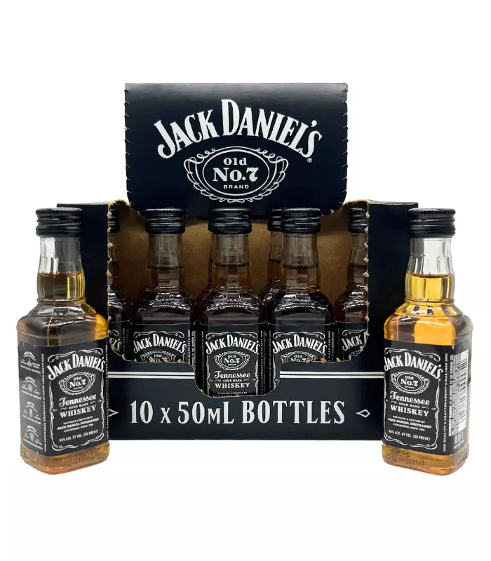 Set of ten Jack Daniels miniature whisky bottles, 50ml each, by Paramount, displayed in a clear view.