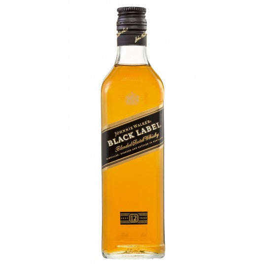 Paramount Johnnie Walker Black Label blended Scotch whisky 200ml bottle with label and packaging shown.