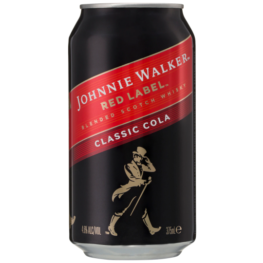 Six 375ml bottles of Johnnie Walker Blended Scotch Whisky and Cola by Paramount, displayed together.