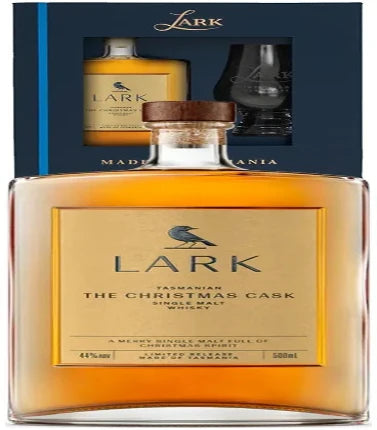 Paramount Lark Distillery Christmas Cask whisky with Glencairn glass in gift box, 100ml, showcasing the bottle and festive packaging.
