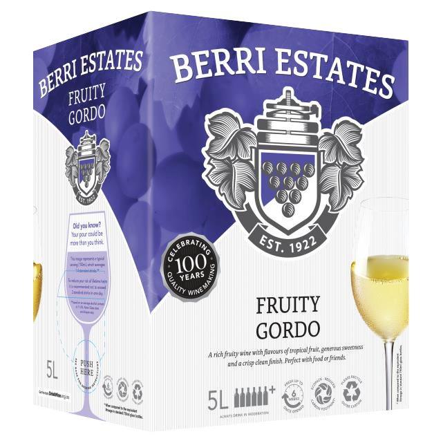 Paramount Berri Estates Fruity Gordo White Cask Wine 5L bottle with golden liquid and label visible.