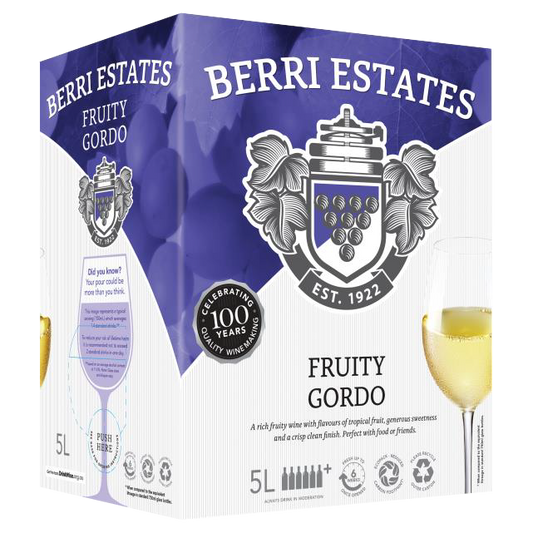 Paramount Berri Estates Fruity Gordo White Cask Wine 5L bottle with golden liquid and label visible.