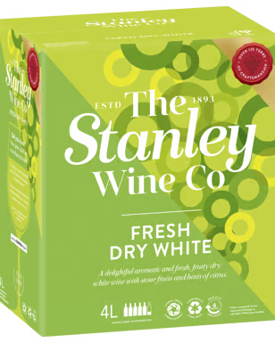 Paramount Stanley Fresh Dry White Cask Wine in a 4L container, showcasing a clear white wine in a traditional cask.