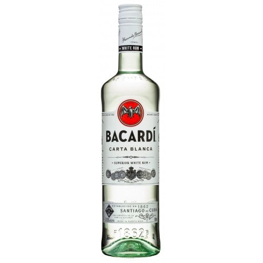 Paramount Bacardi Carta Blanca white rum bottle, 700ml with clear glass and label, on a plain background.