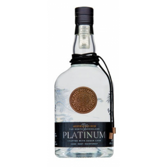 Paramount FNQ Rum Co. Platinum White Rum 700mL bottle with clear liquid and label featuring white and blue design.