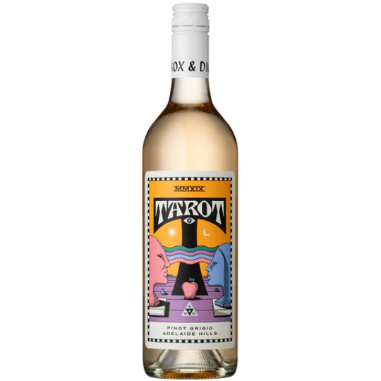 Paramount Alpha Box & Dice Tarot Pinot Grigio 750ml white wine bottle with label featuring tarot card design.