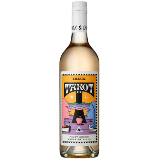 Paramount Alpha Box & Dice Tarot Pinot Grigio 750ml white wine bottle with label featuring tarot card design.