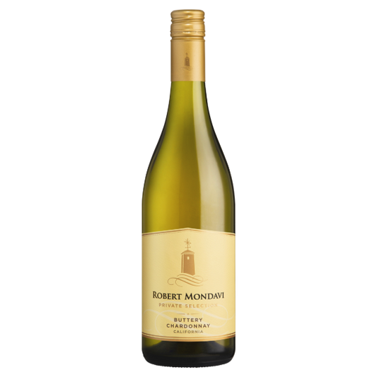 Bottle of Robert Mondavi Buttery Chardonnay white wine by Paramount, 750ml, with a label featuring gold accents and elegant design.