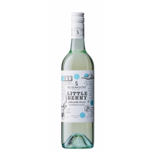 Rosemount Little Berry Sauvignon Blanc white wine bottle by Paramount, featuring a clear glass bottle with a white and green label.