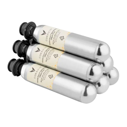 Paramount Coravin Sparkling Wine CO2 Gas Capsules 6-pack for wine closure system, with capsules and packaging visible.