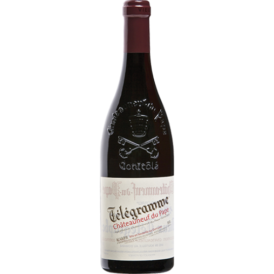 Bottle of Paramount Telegramme 2015 Chateauneuf Du Pape red wine in a clear glass bottle with a dark label.
