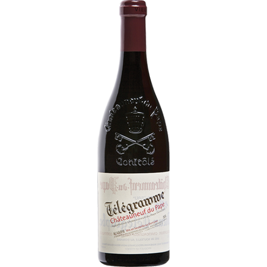 Bottle of Paramount Telegramme 2015 Chateauneuf Du Pape red wine in a clear glass bottle with a dark label.