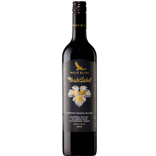 Bottle of Wolf Blass Black Label Shiraz Malbec Cabernet wine by Paramount, 750ml, with dark glass and label visible.