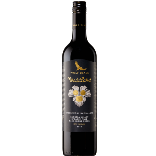 Bottle of Wolf Blass Black Label Shiraz Malbec Cabernet wine by Paramount, 750ml, with dark glass and label visible.