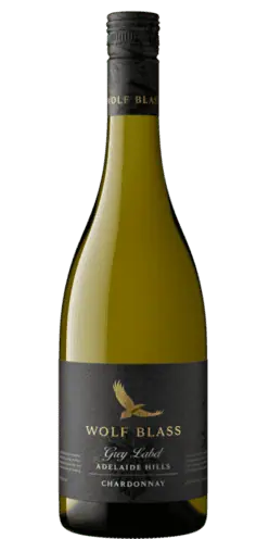 Wolf Blass Grey Label Chardonnay wine bottle by Paramount, 750ml, with a sleek label and elegant glass presentation.