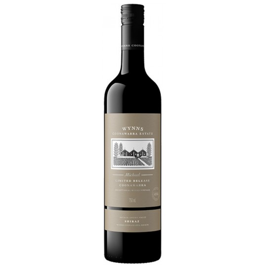 Bottle of Wynns Michael Shiraz 2018 wine by Paramount, 750ml, with a dark label and elegant glass.