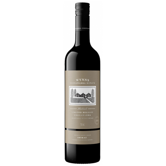 Bottle of Wynns Michael Shiraz 2018 wine by Paramount, 750ml, with a dark label and elegant glass.