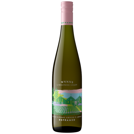 Bottle of Wynns Reframed Fiano wine by Paramount, 750ml, showcasing a white wine in a clear glass bottle with a label.