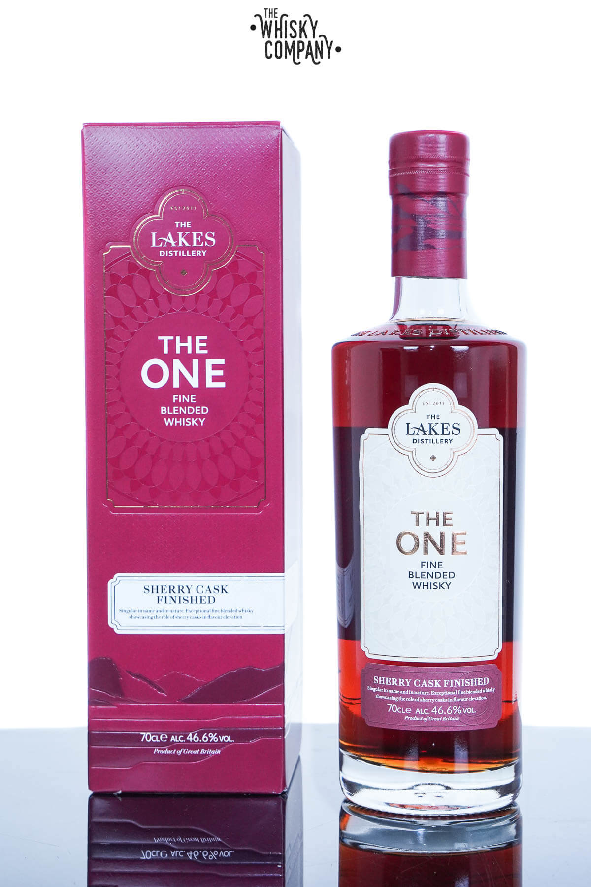 The Lakes The One Sherry Cask Finish blended malt whisky in 700ml bottle, featuring a dark amber liquid and elegant label.