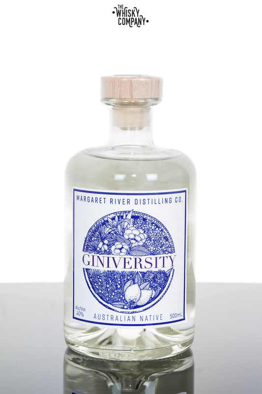 Bottle of Giniversity Australian Native Gin by The Spirits Company, 500ml, showcasing the label and clear glass bottle.