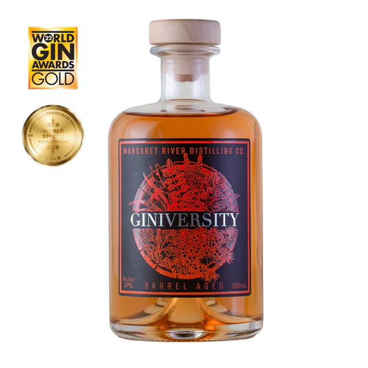 Bottle of Giniversity Barrel Aged Australian Gin by The Spirits Company, 500ml, with a dark label and elegant presentation.
