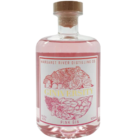 Bottle of Giniversity Pink Australian Gin by The Spirits Company, 500ml, with pink label and clear glass bottle.