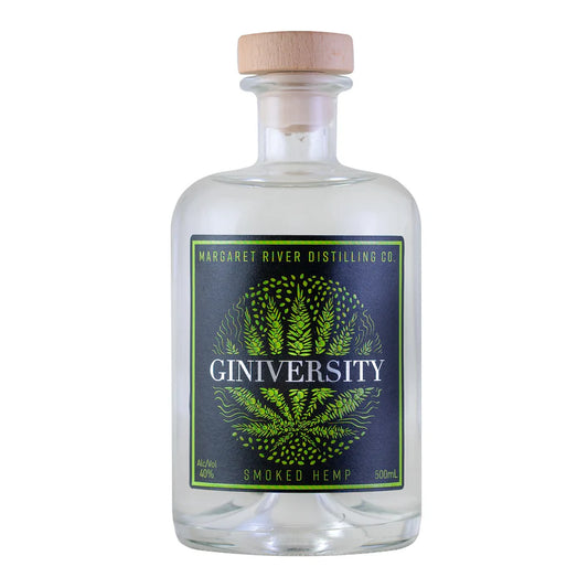 Bottle of Giniversity Smoked Hemp Australian Gin by The Spirits Company, 500ml, with dark label and clear glass bottle.