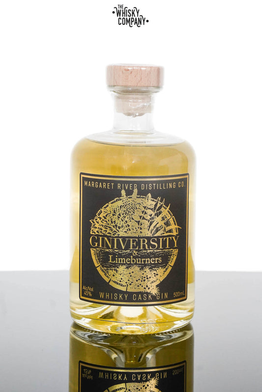 Australian Gin by The Spirits Company, Giniversity Whisky Cask Gin in a 500ml bottle with rich, amber-colored liquid.
