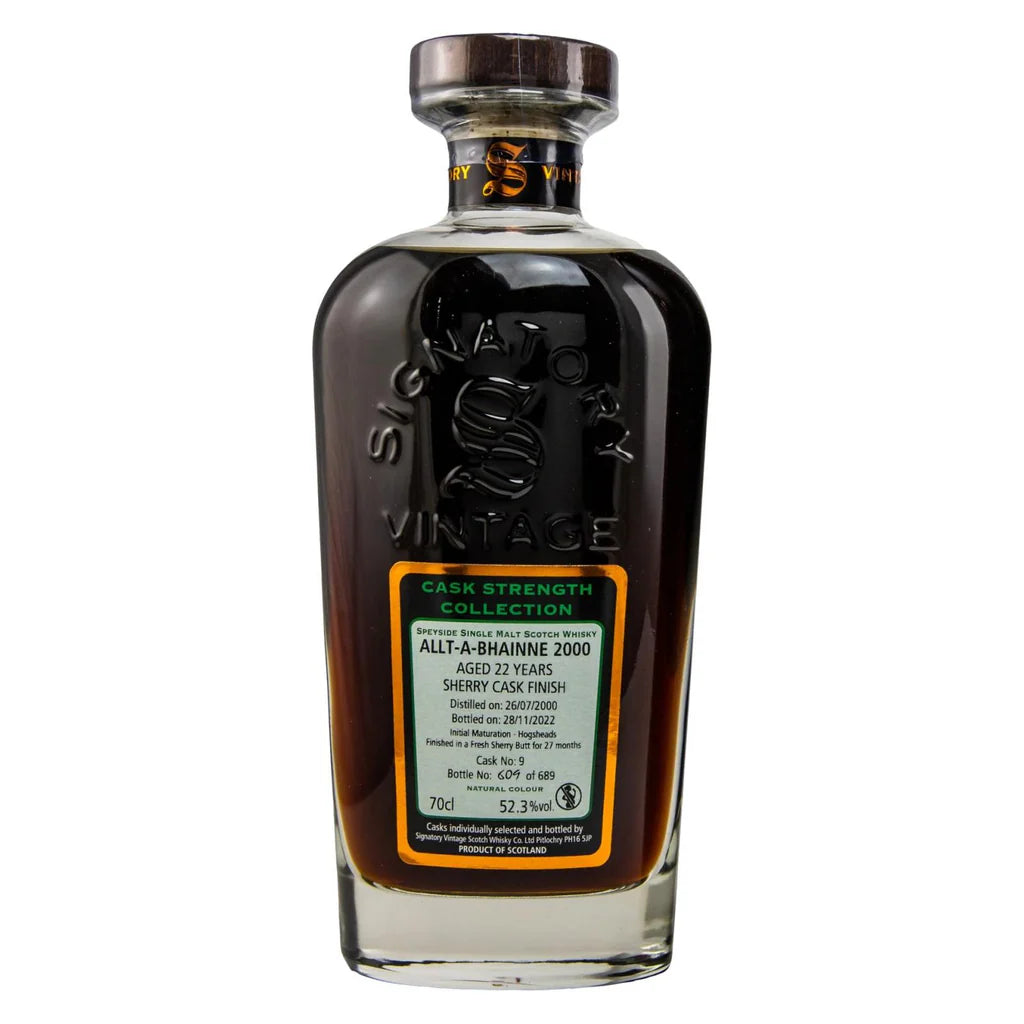Allt-a-Bhainne 2000 aged 22 years cask strength single malt Scotch whisky by Signatory Vintage, 700ml bottle.