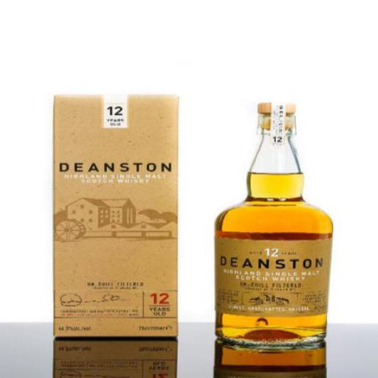 Deanston 12-Year-Old Single Malt Scotch Whisky in a 700mL bottle from The Spirits Company, featuring a clear glass bottle with a label.