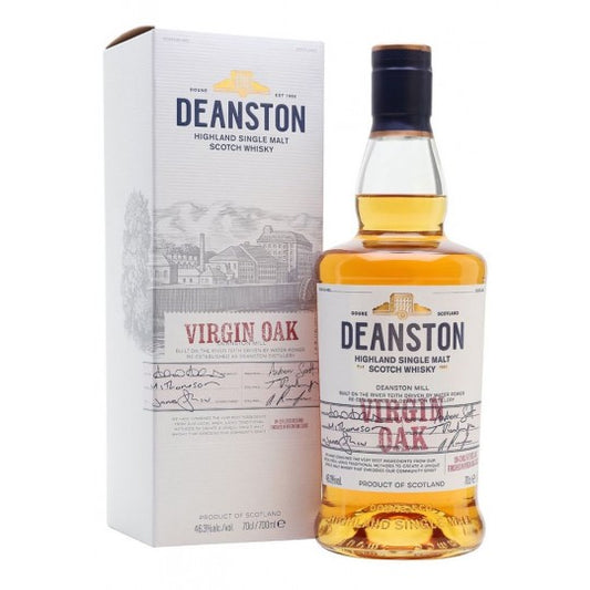 Deanston Virgin Oak Single Malt Whisky 700mL bottle with label and wooden cap, showcasing rich amber color and elegant packaging.
